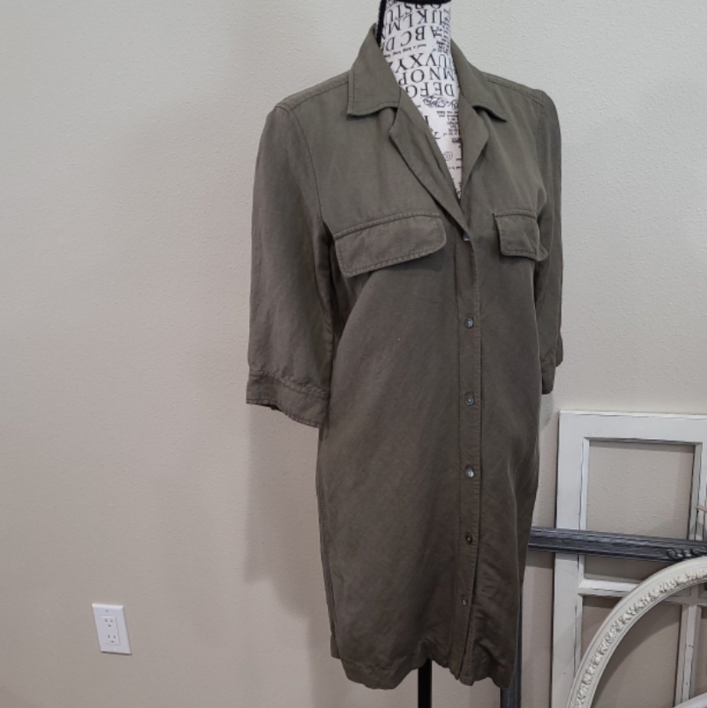 Olive Green Button-Front Shirt Dress